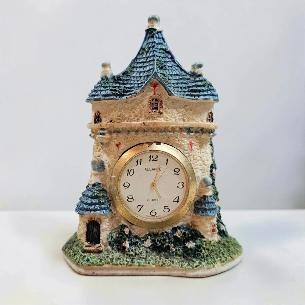 Allante Castle Cottage Desk Clock Small Cream Blue Good Whimsical Resin Quartz